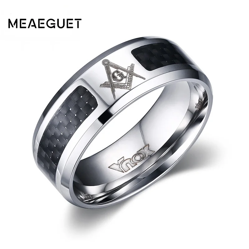 Meaeguet Black Men Rings Stainless Steel Masonic Rings Wholesale Punk Carbon Fiber Wedding Rings for Men Jewelry Free Shipping