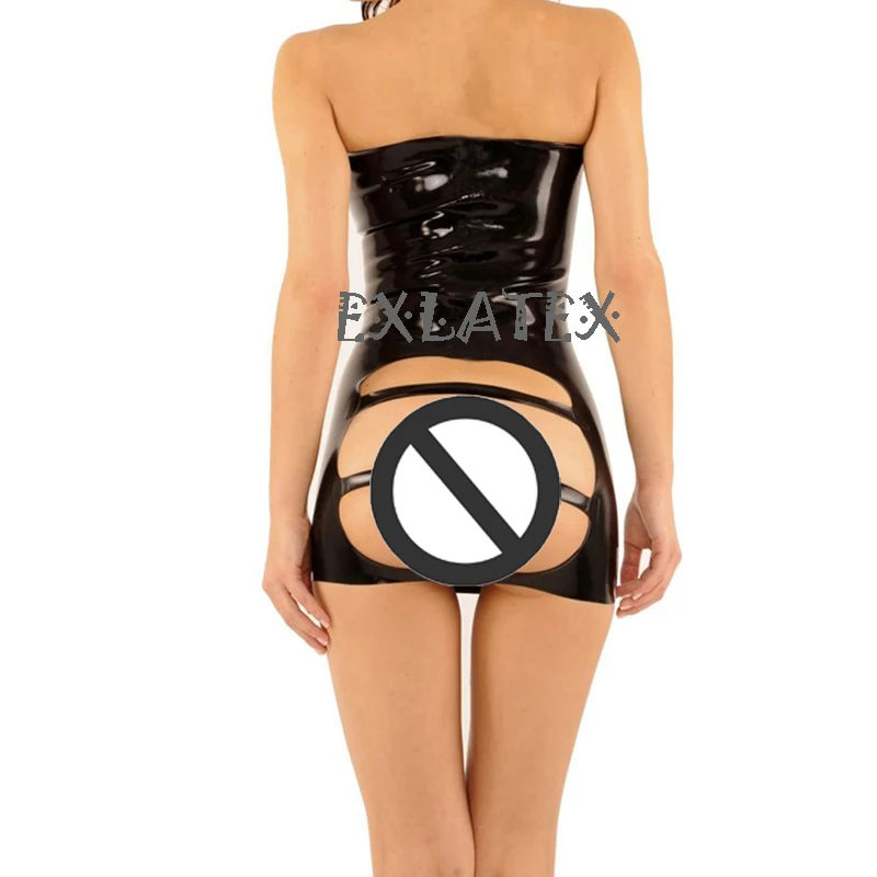 Latex Dress Chest and Back Hip Cut Out Dress Women Evening Dress Cotillon Latex Rubber Black Strapless Party Short Dresses  (1)