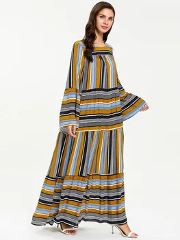 

2019 Casual Stripes Long Dress Full Length Robe O Neck Adult Abaya Arabian Dress Turkey Muslim Prayer Comfortable 7673