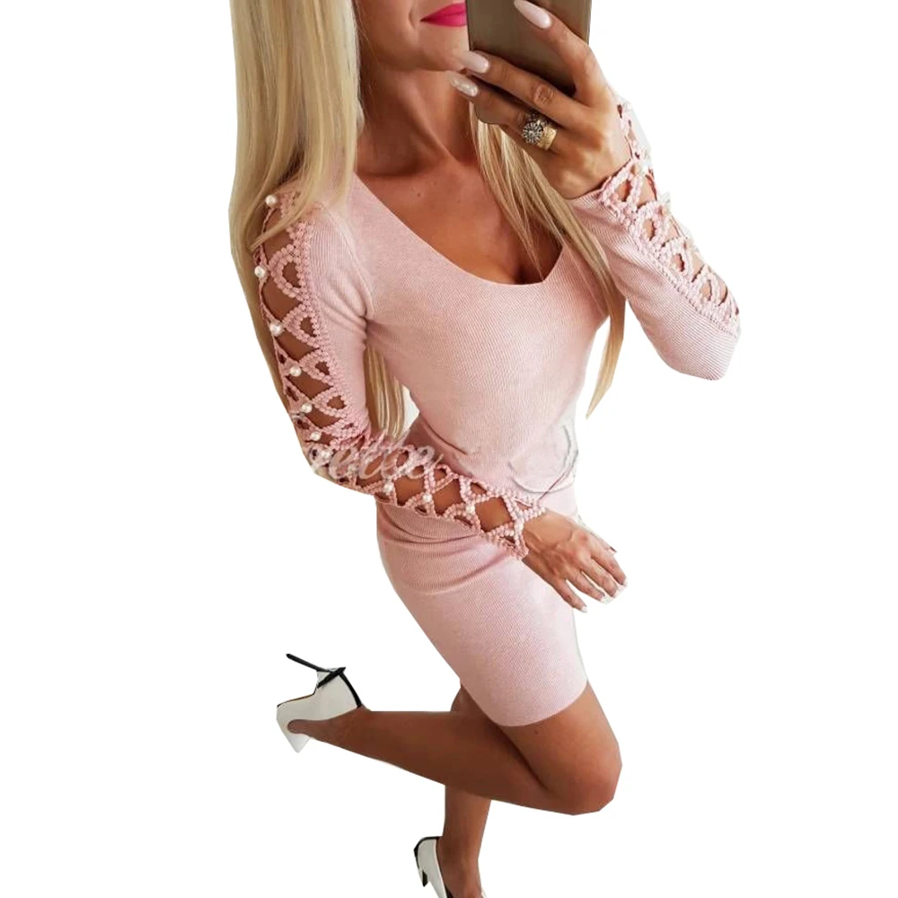 Billig Frauen Mini Kleid Lange Hülse Herbst Aushöhlen Feste Perlen Damen Kleid Sexy Club Party V Neck Robe Femme Vestidos 2019 D30