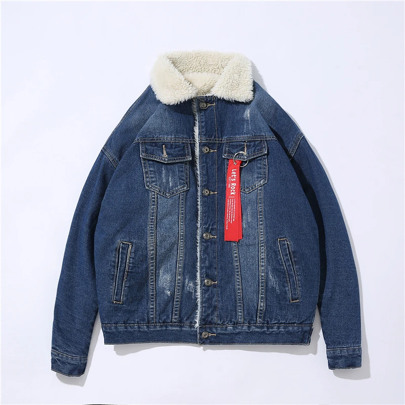

Mens Sherpa Fleece Thick Denim Jacket 2018 European American Streetwear Solid Color Hip Hop Urban Clothes Washed Distressed Coat
