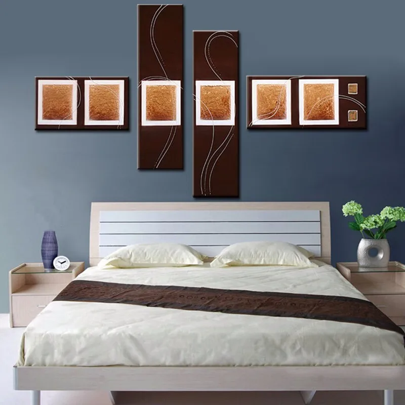 

4 Piece Pictures Dark Acrylic Paintings Modern Home Decor Wall Art Hand Painted Abstract Gold Square Line Oil Painting on Canvas