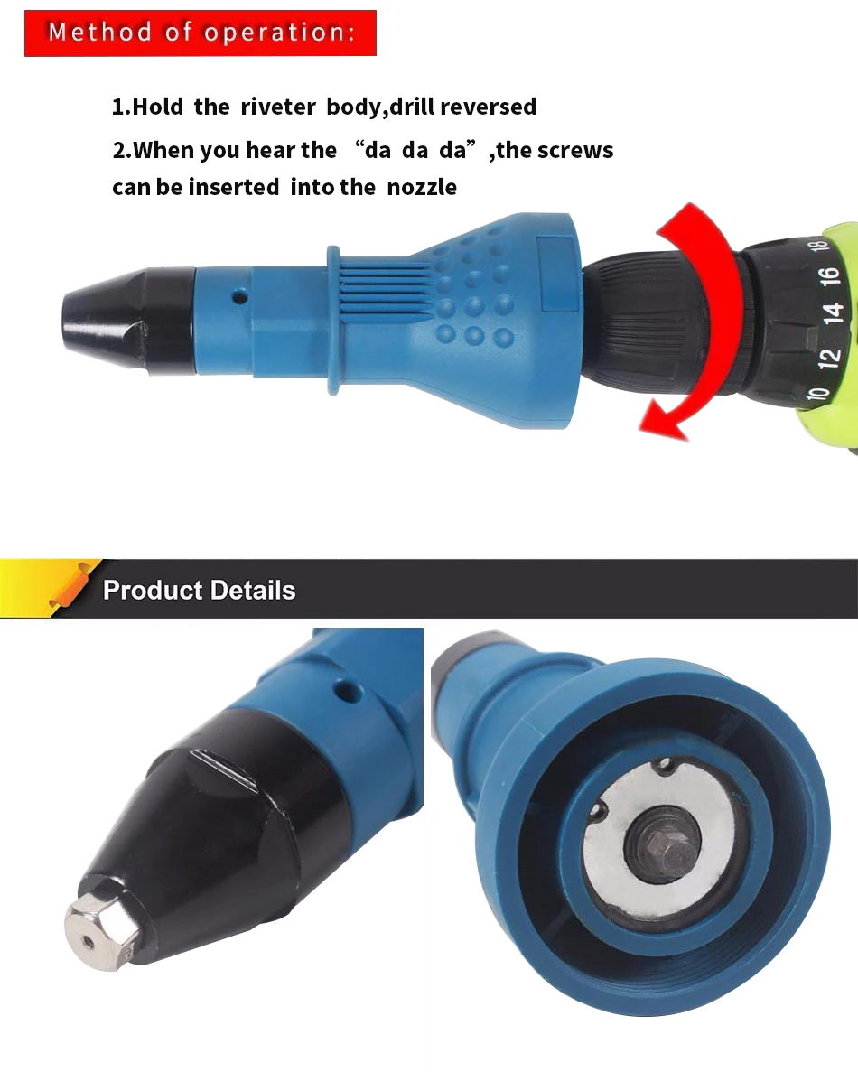 HILDA Electric Rivet Nut Gun Riveting Tool Cordless Riveting Drill Adaptor Insert Nut Tool Riveting Drill Adapter 2.4mm-4.8mm