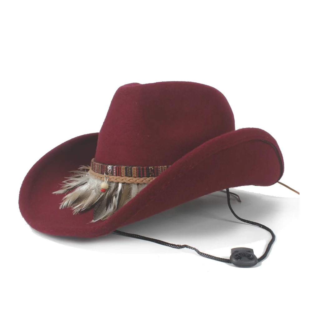 Женская и Мужская шерстяная ковбойская шляпа в западном стиле с вывернутыми полями, черная шляпа для джентльменов, Sombrero Hombre, джазовая Кепка, ветровая веревка - Цвет: Wine red