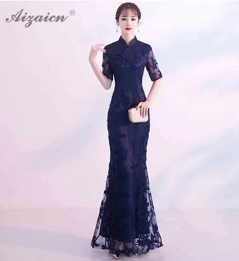 Темно-синие кружевные Длинные Cheongsam Chinoise вечерние платья Современное женское китайское платье Qipao винтажное платье в восточном стиле