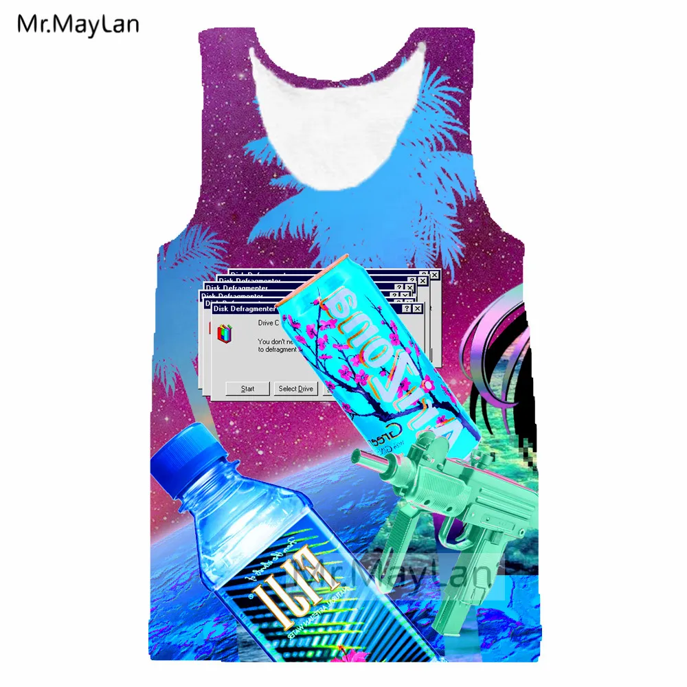 

2019 New Design Clothes Vaporwave Fiji Water Palm Tree Anime Girl Printed 3D Tank Tops Men Summer Gothic Beach Vest Boys Modis
