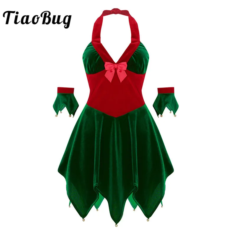 Billige TiaoBug Frauen Weichen Samt Halter Weihnachten Elf Kostüm Phantasie Kleid Arm Manschetten Set Weibliche Weihnachten Kostüm Cosplay Party Kleid Bis