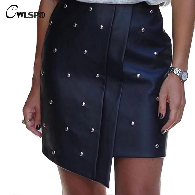 

CWLSP Beading Punk Short Skirts Asymmetric Women's skirt PU Leather Pencil Saia Vintage Bodycon faldas mujer moda 2018 QL3622