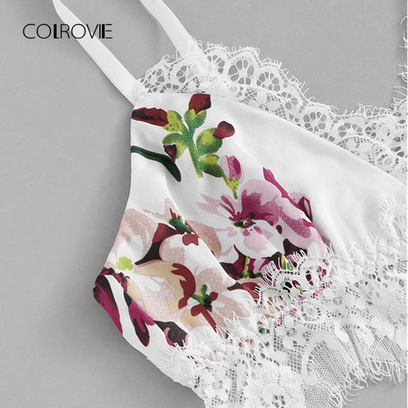 COLROVIE Multicolor Lace Trim Floral Print Satin Sexy Women Lingerie Set Boho Wireless Intimates Femme Bra Underwear Set