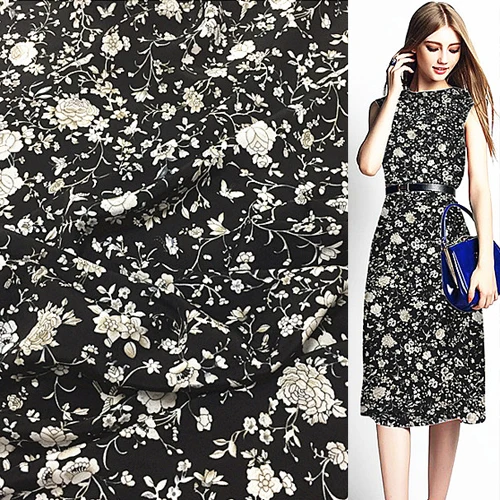 

China style flower print on black bottom silk Crepe DE chine silk fabric 16momme 135cm width by yard,SCDC608