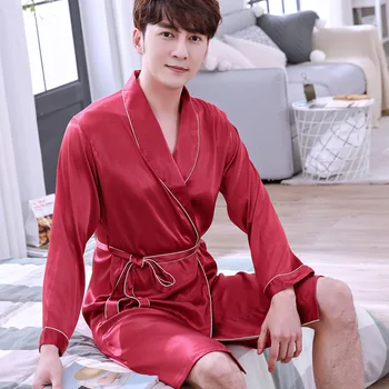 

Chinese Red Solid Robe Nightgown Men's Sleepwear Rayon Home Wear Loose Kimono Bathrobe Gown Casual Negligee Oversize L-XXXL