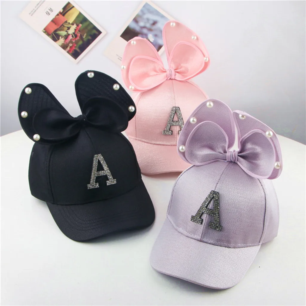 

Baby Hats Newborn cotton Children Hat Cap Cartoon Children Cute Pearl Bowknot Letter Peaked Hat Baseball Cap Sunhat F413