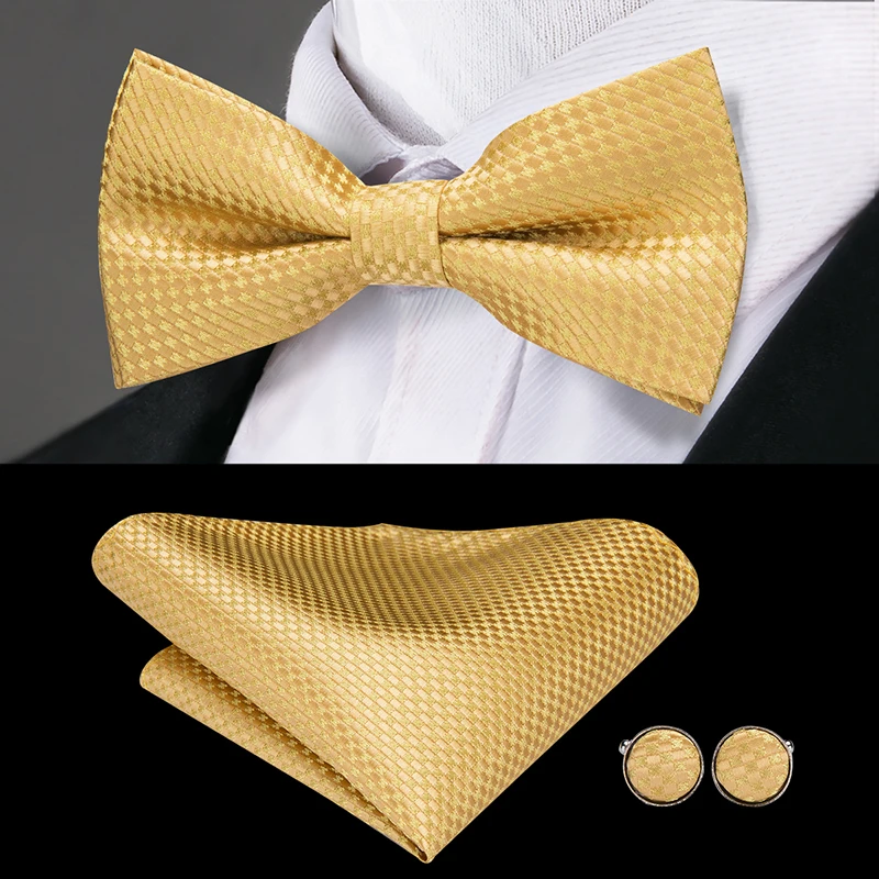 Hi-Tie Classic Gold Bow Ties for Men Silk Butterfly Pre-Tied Bow Tie Pocket Square Cufflinks Set Wedding Party Yellow Bowtie