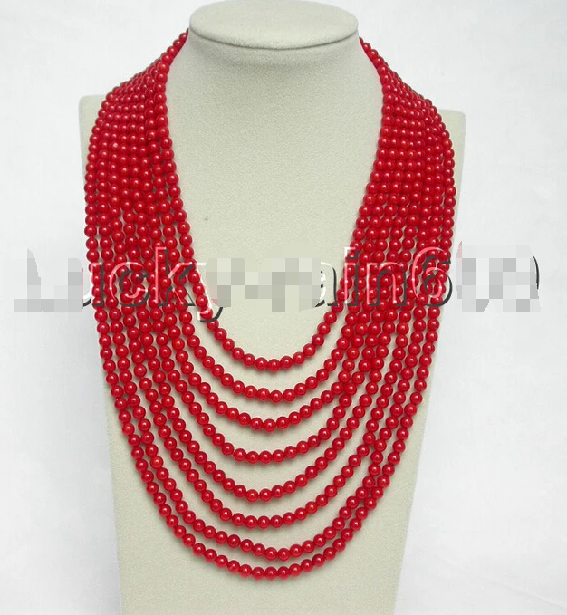 

FREE shipping>>>>>> Excellent natural 8row 17"-25" round red coral beads necklace 925s clasp e1551 6.07