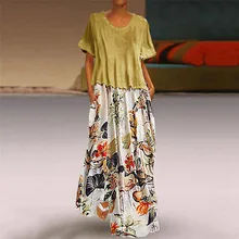 Женское винтажное платье размера плюс, летнее платье с принтом, с О-образным вырезом, два предмета, с карманами, макси платье, вечерние летние платья vestidos