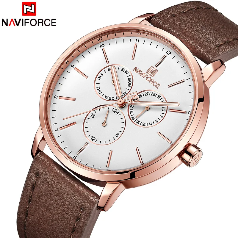 

New NAVIFORCE Men Rose Gold Leather Watch Mens Fashion Dial Quartz Watches Male Business 24 Hour Analog Clock Relogio Masculino