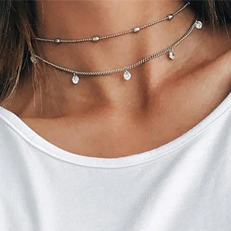 

Crazy Feng Retro Fashion Double Layers Crystal Choker Necklace For Women Boho Beach Metal Round Beads Necklaces Collares Jewelry