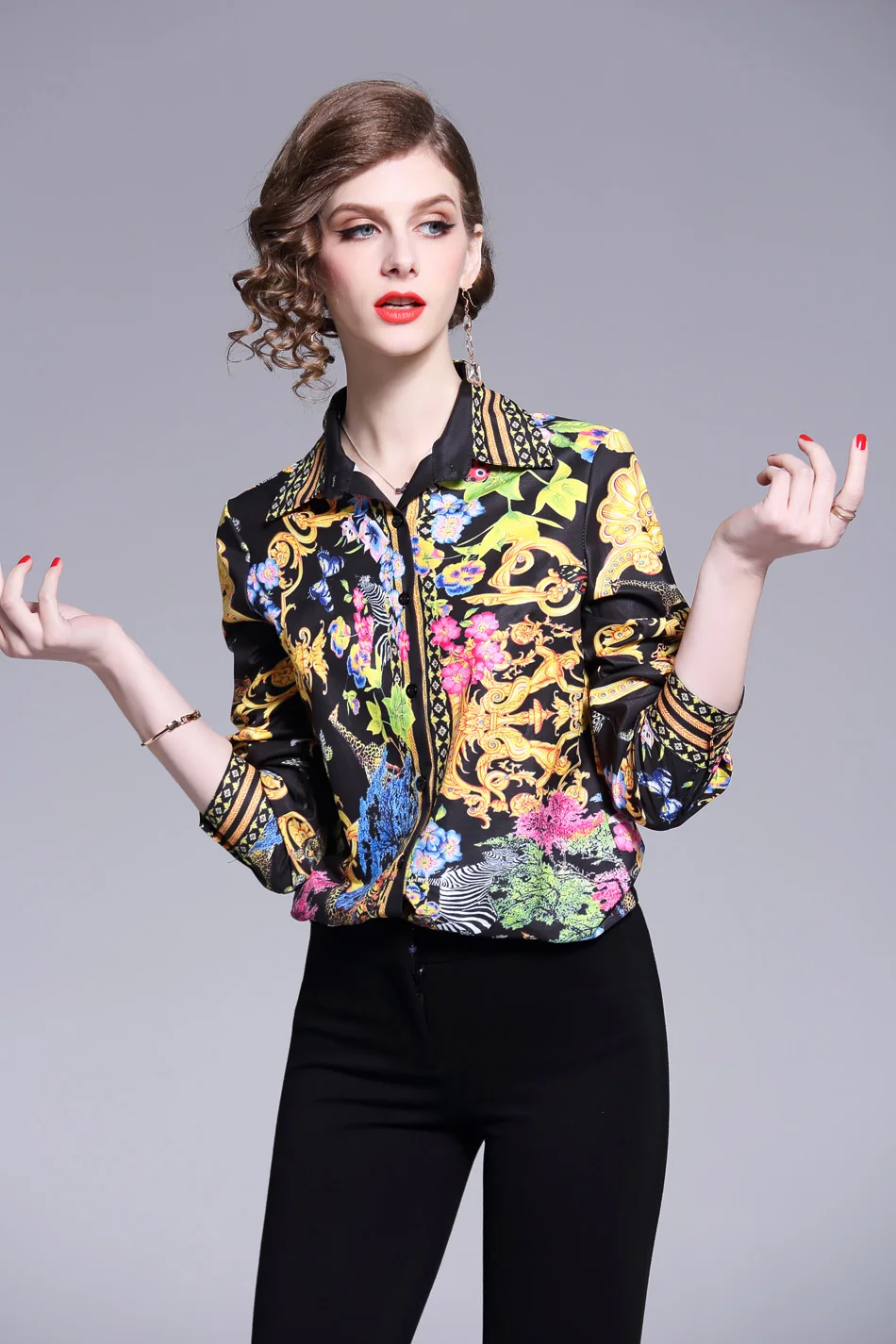 H Han queen винтажные Женские топы с принтом весенние блузки с длинными рукавами рубашки женские уличные пуговицы шифоновая офисная блуза Femininas
