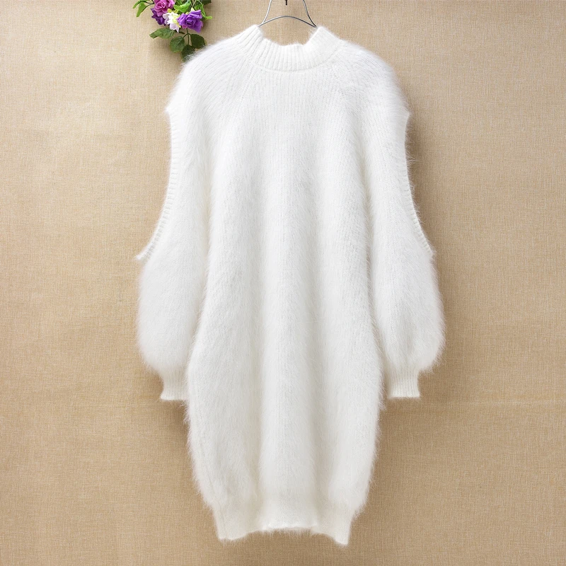 

Ladies women warm winter long white slim off-shoulders sexy fuzzy angora rabbit fur o-neck long sleeves pullover sweater dress