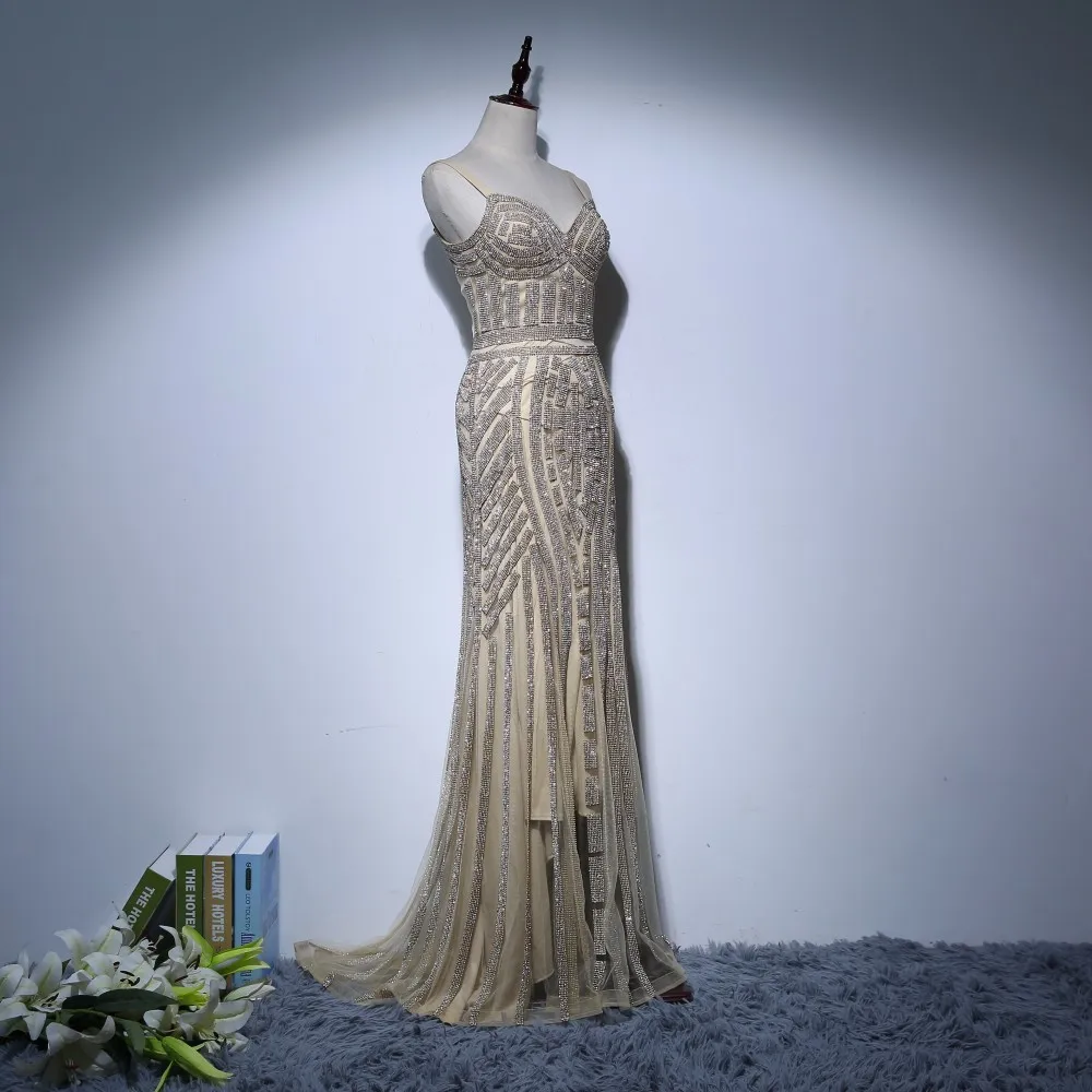 Роскошные Кристаллы Вечернее платье на тонких бретельках v-образный вырез Тюль Длинные платья в стиле русалки