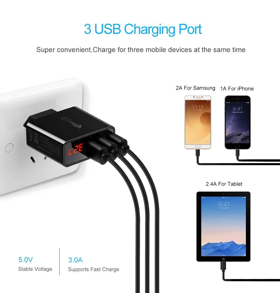 Elough 3A USB зарядное устройство для iPhone samsung xiaomi huawei светодиодный дисплей 3 порта Быстрая зарядка Путешествия стены мобильного телефона зарядное устройство адаптер