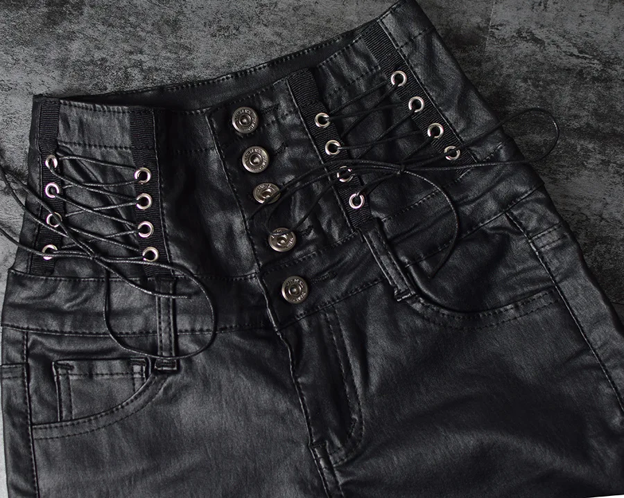 Весенне-зимние штаны из искусственной кожи со шнуровкой черные брюки в стиле панк с высокой талией уличные облегающие Стрейчевые Леггинсы Брюки-карандаш