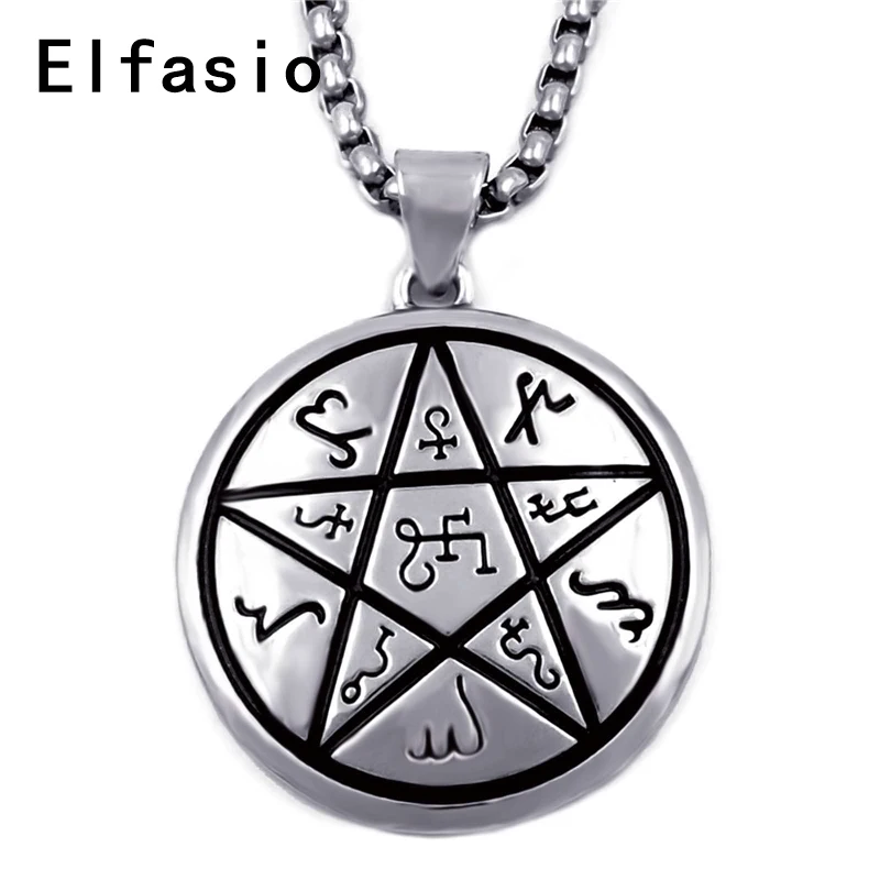 

Mens Boys Pewter Pendant Alchemical Theban Heremetic Wiccan Pentacle Star Pagan Amulet Stainless steel Necklace Chain P323