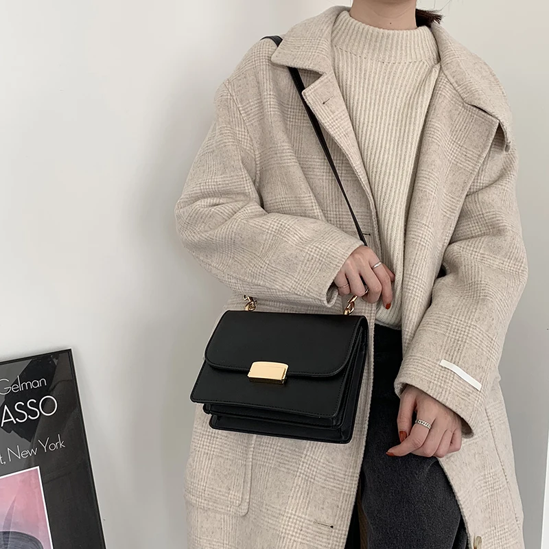 [BXX] Женская сумка через плечо, универсальная, с клапаном,, модная, однотонная, из искусственной кожи, с замком, посылка, женская сумка, HF555 - Цвет: black
