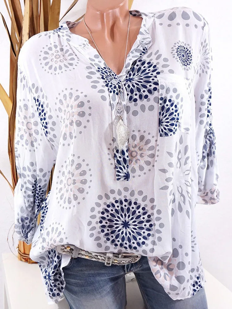 Casual Printing V-neck Women Shirts Spring Loose Plus Size Long Sleeve Top Blouses 6 Colors Blouses