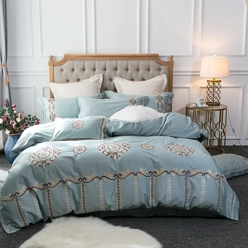 Синий роскошный Европейский Стиль 60 S Египетский хлопок Королевский вышивка Постельное белье Одеяло, покрывало на кровать, застежки для простыни льняной чехол для подушки 4/6 шт - Цвет: 1