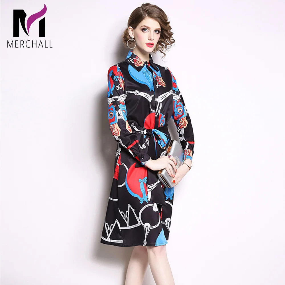 

Merchall Fashion Designer 2019 New Spring Summer Women Long Sleeve Shirt Dress Bow Gorgeous Flowers Print Runway Dress Vestidos