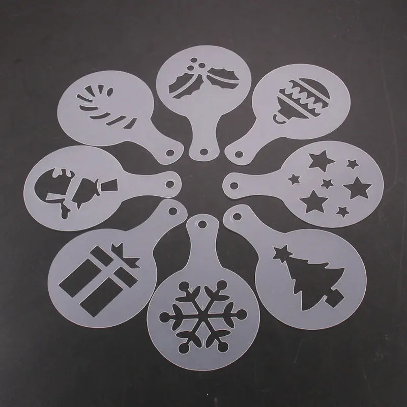 AMW 8pcs/set Fashion MINI Plastic Cake Stencils Christmas Valentine's Day Coffee Mold Pastry Tools random color