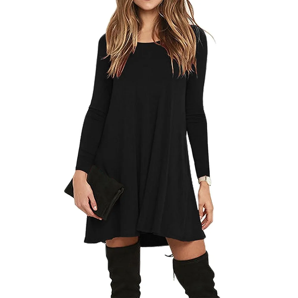 

Womens Plus Size Autumn Winter Long Sleeve Basic Pleated T-Shirt Dress Flowy Solid Color Round Neck With Two Side Pockets