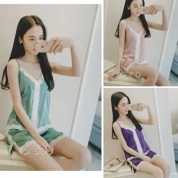 

Two-piece V-neck lace nightgown female summer 2016 Korean sexy halter top + shorts casual tracksuit suit pajamas set