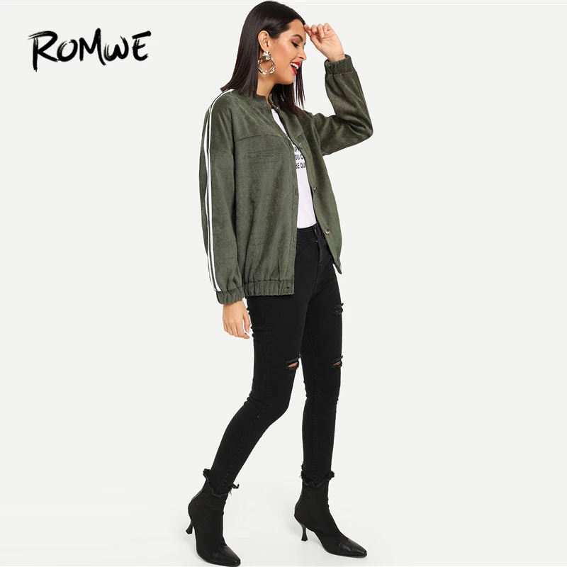 Promo  ROMWE Army Green Striped Side Womens Jackets And Coats Autumn Casual Clothes Fashion Clothing Singl