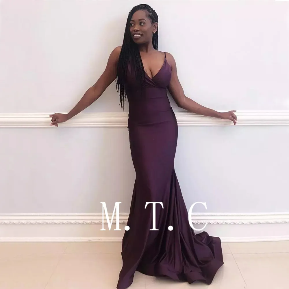

Dark Purple Mermaid Dresses Bridesmaid 2019 Spaghetti Strap Sweep Train Elastic Satin Sexy Wedding Party Dress Cheap Women Gowns