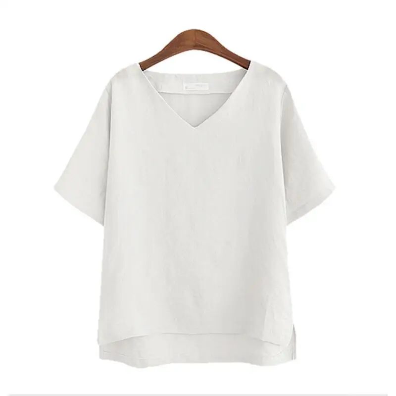 Хлопковая льняная блузка, Летняя Повседневная рубашка с коротким рукавом, женские топы, свободные женские модные блузки размера плюс