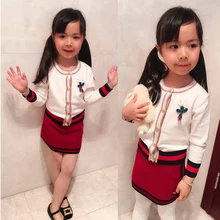 2 PCS/Set Brands White Cardigan Woolen Tops+Red Skirts Girl Kids Clothing 2017 New Autumn Spring Children’s Set High Quality