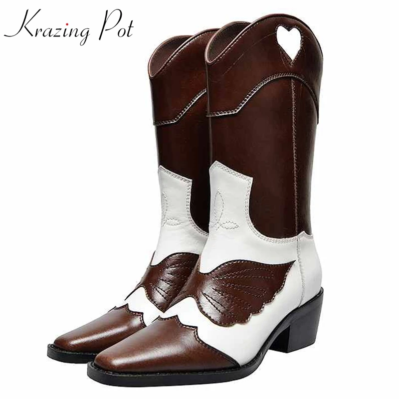 

krazing pot genuine leather square high heels butterfly-knot prints decoration hollow European career design mid-calf boots l16