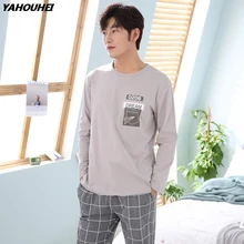 Повседневные хлопковые Пижамные комплекты в клетку для мужчин; коллекция года; сезон осень-зима; пижама с длинными рукавами и круглым вырезом; одежда для сна; Мужская домашняя одежда; домашняя одежда