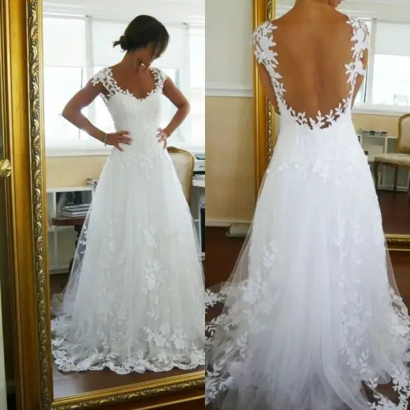 

Cheap Vestido De Noiva Renda Applique Cap Sleeve Floor Length Wedding Dress 2015 See Though Back Sexy Vestido De Noiva Com Renda
