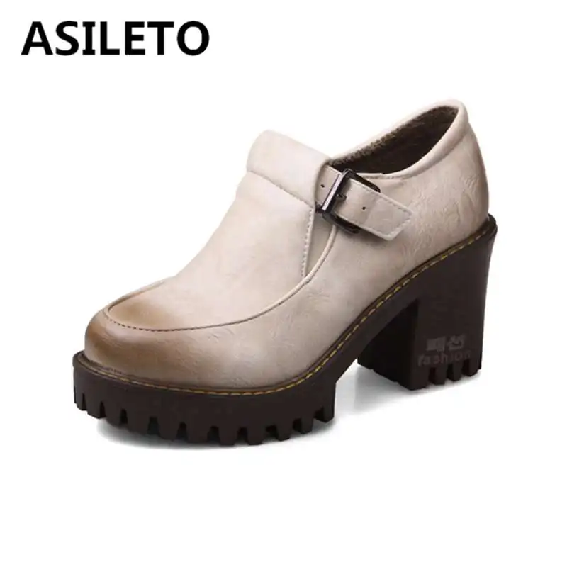 

ASILETO retro ladies high heel shoes platform round toe causal footwear buckle women pumps zapatos big size 32-43 chaussures