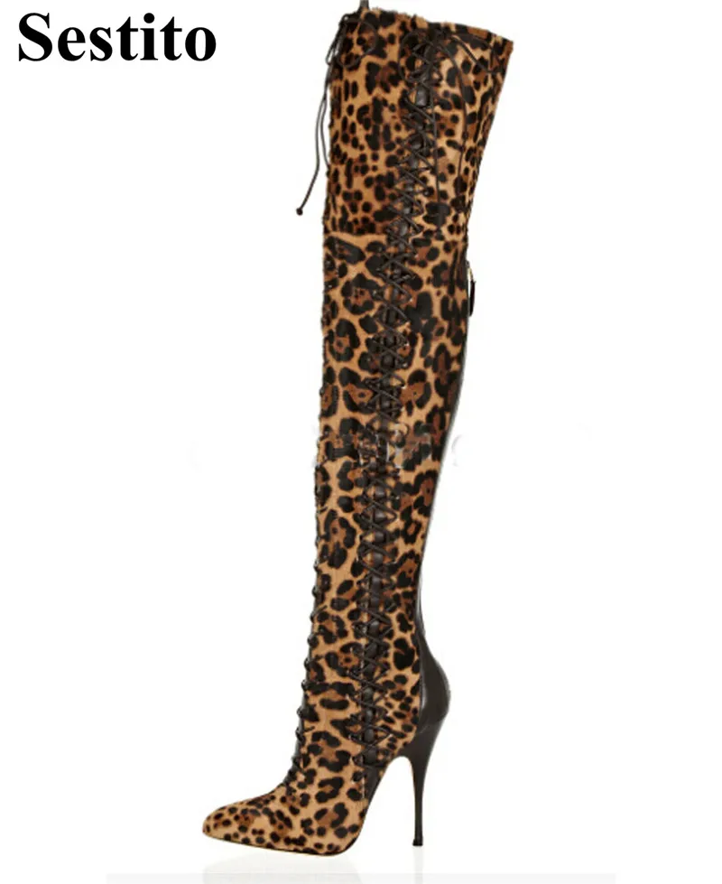 

Sexy Leopard Patchwork Cross-tied Thigh High Boots Over-the-Knee Boots Women Pointed Toe Thin Heel Zip Women Shoes Spring/Autumn