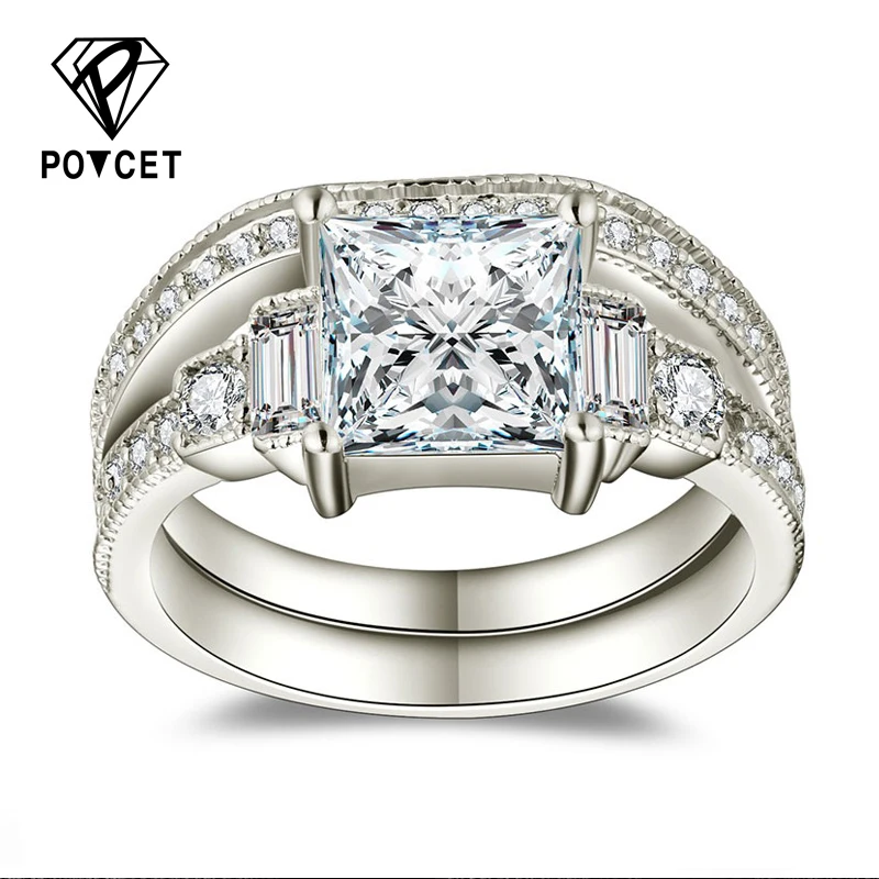 POTCET White Gold Color Rings for Women Wedding Geometric Square AAA Zircon Trendy Romantic Jewelry Bague Bijoux Size 6-10 R1124 | Украшения
