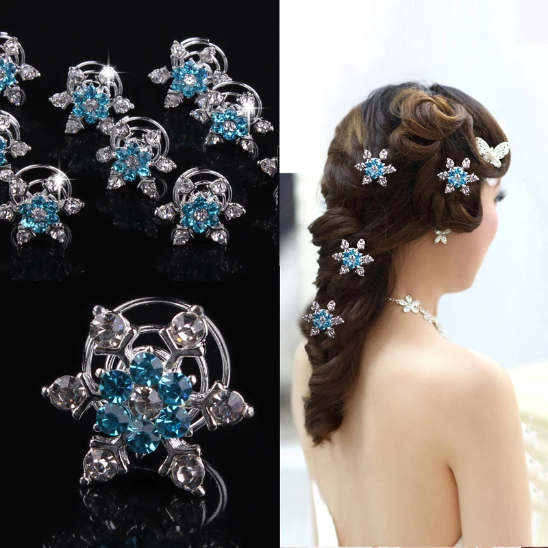 

12 PCS Wedding Party Bridesmaid Hair Jewelry Bridal Bride Silver Blue Crystal Spiral Hair Pin Clips Snowflake Hair Accessories