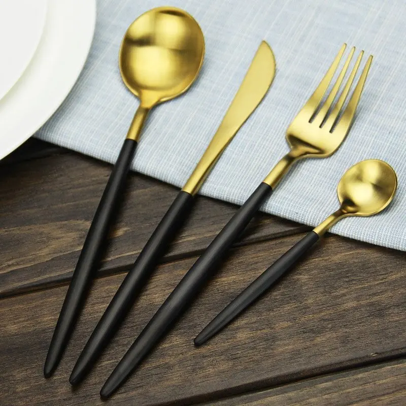 Luxurious 4 Piece Matte Black Handle and Gold Stainless Steel Flatware Sets, Include Knife Fork Spoon