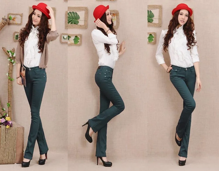 Весна-осень, женские обтягивающие длинные джинсовые штаны с расклешенным низом, 8 ярких цветов, черный, красный, модные Стрейчевые расклешенные джинсы для женщин