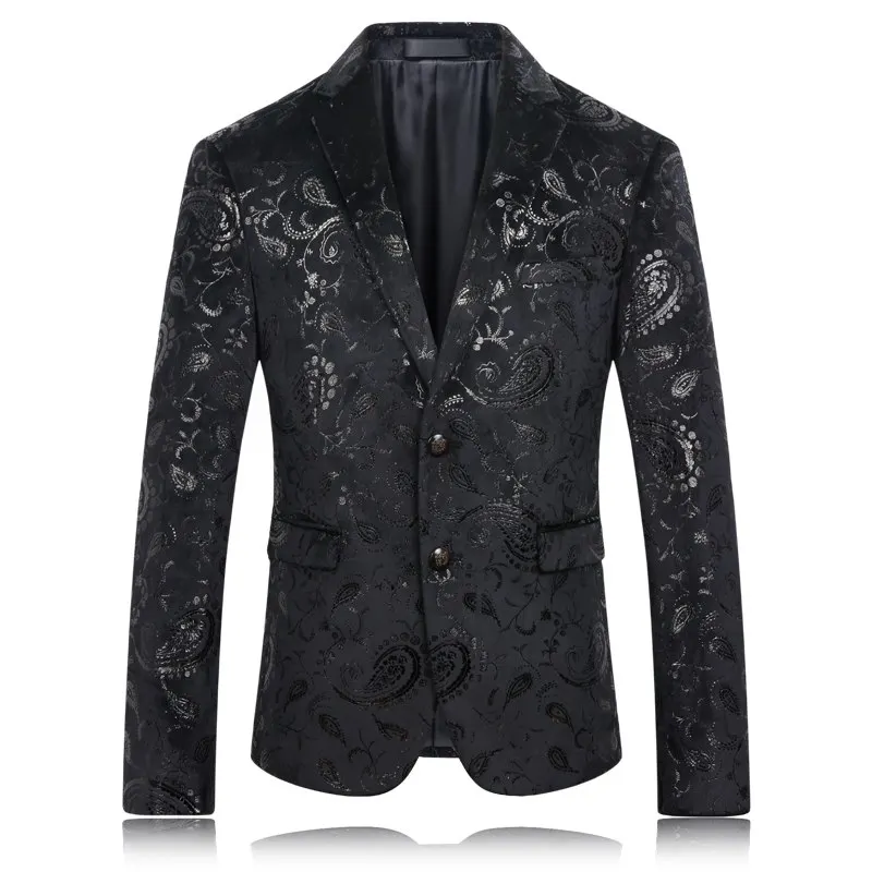 Черный пиджак Для мужчин цветочный узор Пейсли Свадебный костюм куртка Slim Fit стильные сценические костюмы Одежда Для Певица Для мужчин S Пиджаки для женщин конструкции - Цвет: Black k8633
