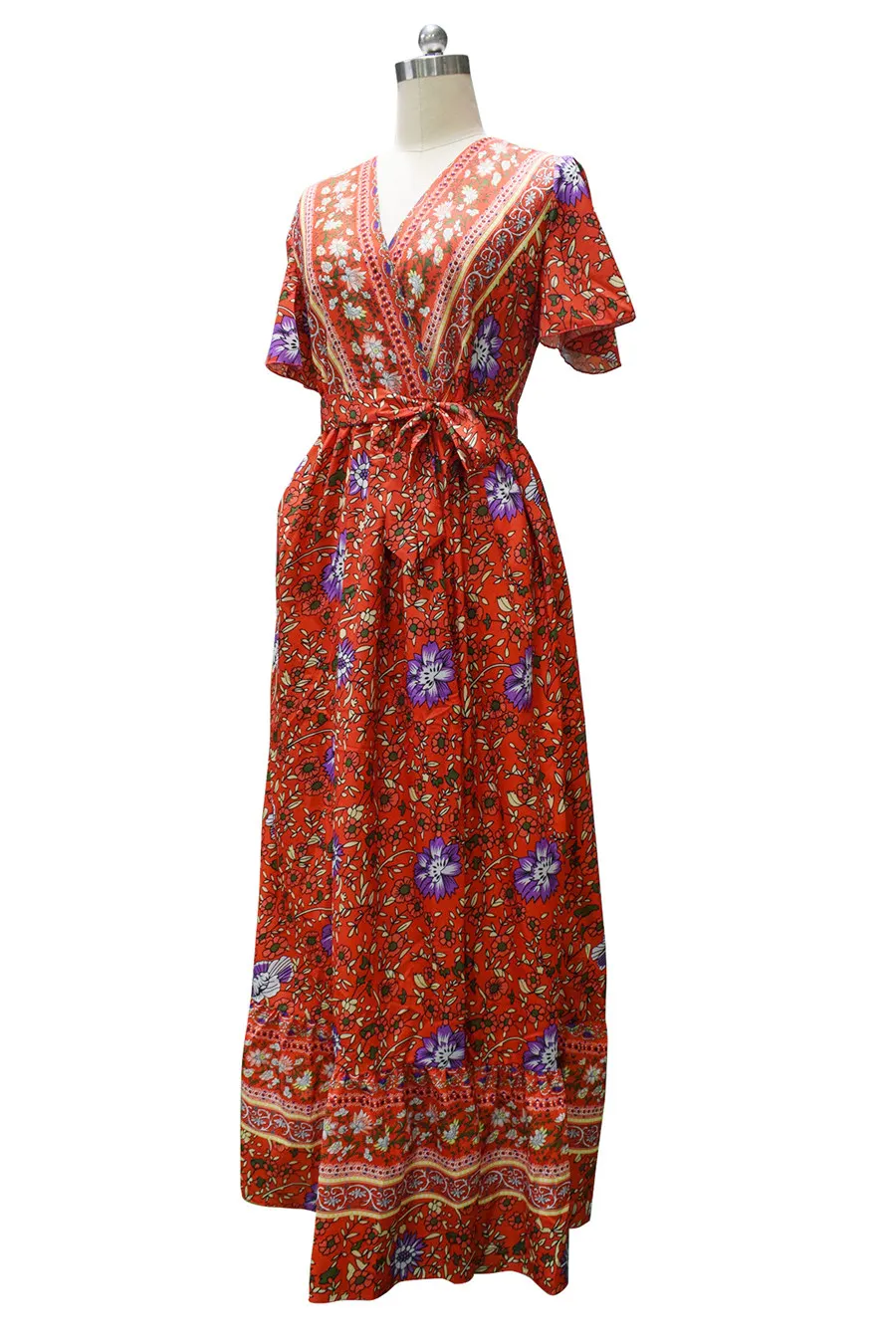 Gladiolus Bohemian Women Summer Dress Short Sleeve V Neck Floral Print Belt Tunic Split Sexy Beach Dresses Women 2019 Maxi Dress (28)