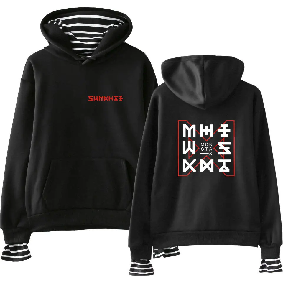 2018 MONSTA X Fake Two Pieces fleece Hoodie Kpop Pullovers Hoodies and Sweatshirts plus size Tops H